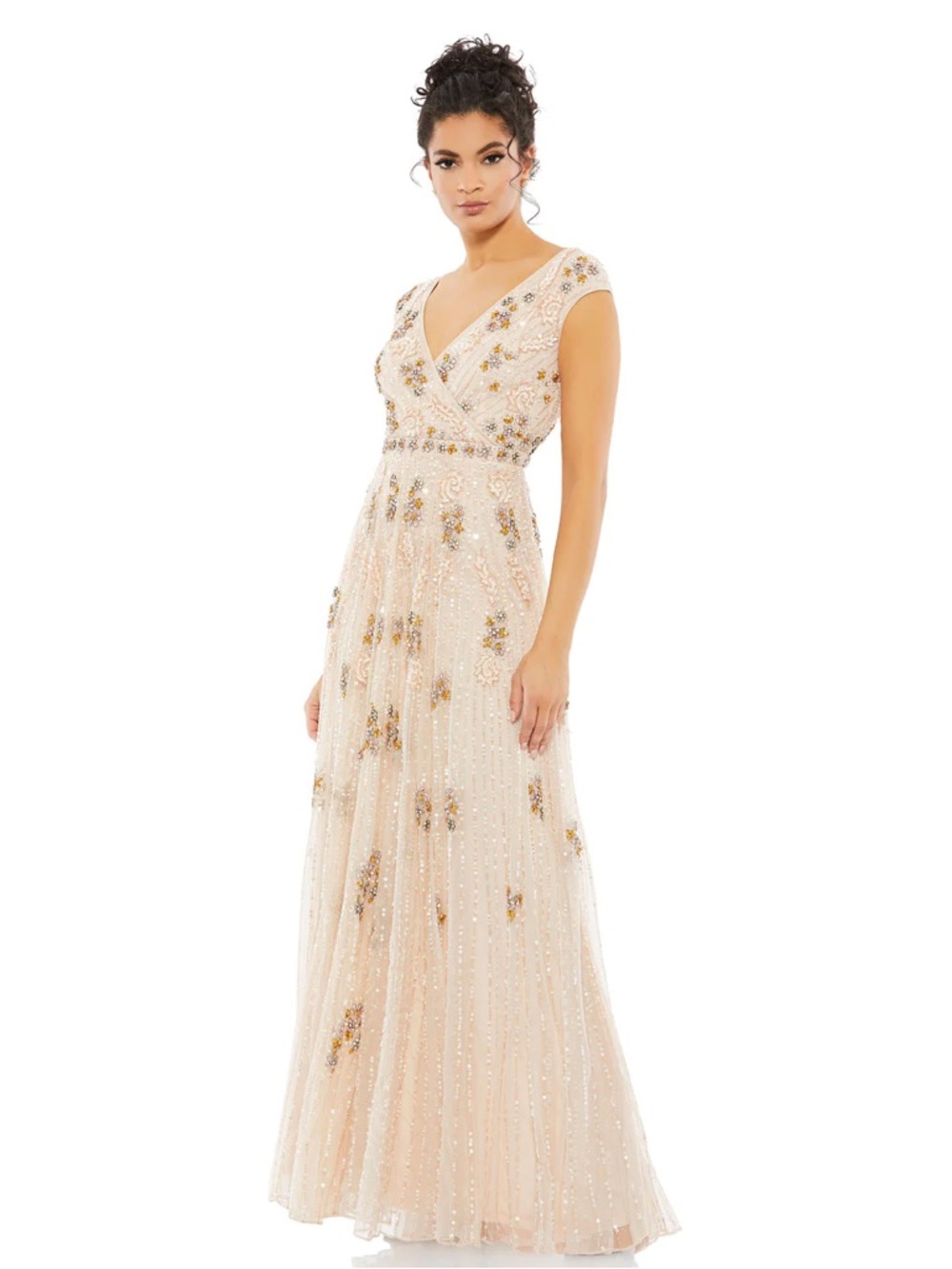 Mac Duggal Nude Beaded Embellished Maxi Gown